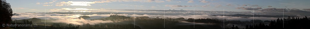 P001632: Panorama Herbststimmung/Morgenstimmung mit Nebelmeer/Nebelfetzen, Wolken und Berner Alpen