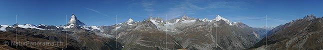 P006763e: Panoramafoto Matterhorn, Dent Blanche, Ober Gabelhorn, Zinalrothorn, Weisshorn, Mischabel