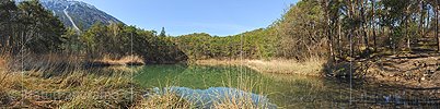 P012321: Panoramafoto Kleiner See im Wald mit Schilfgürtel