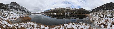 P015254: 360° gigapixel panorama photo Reflection of a slightly snowy mountain landscape in mountain lake