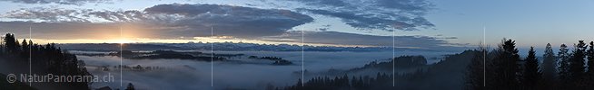 P017142: Panoramafoto Sonnenaufgang über Nebelmeer in Hügellandschaft