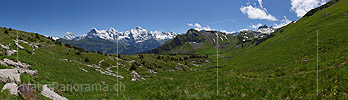 P018069: Gosses Panoramafoto Grüne Berglandschaft mit Eiger, Mönch und Jungfrau