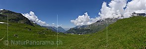 P021580a: Panoramafoto Freundlicher Wolkenhimmel über Berglandschaft mit Alpweiden